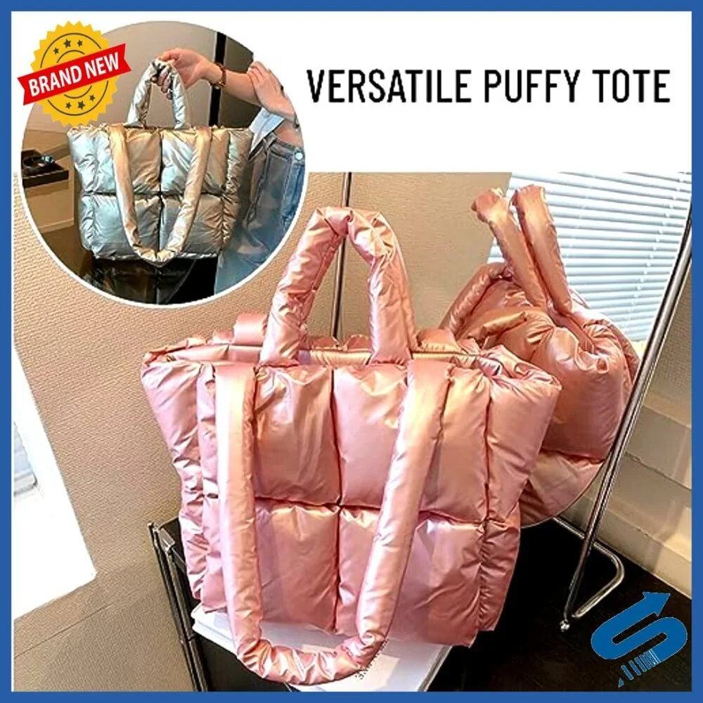 Large Padded Puffer Tote Bag with Lattice Design, Shoulder Strap